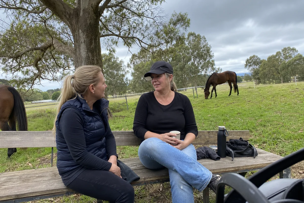 Two women sitting on a timber bench near grazing horses, unhurried, soft grey-blue Highlands sky